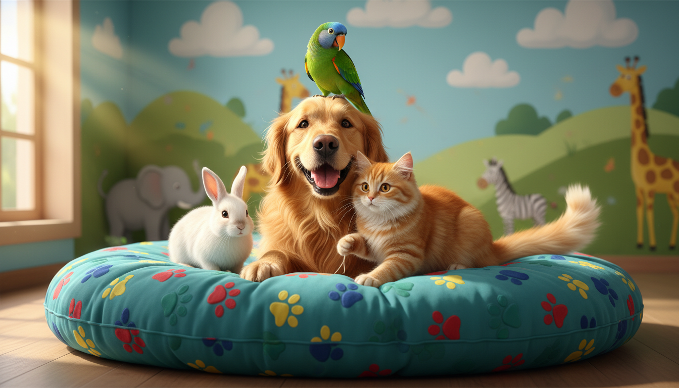 An energetic group of animals—playful golden retriever, curious orange tabby cat, gentle white rabbit, and a vibrant green parrot—nestled together on a soft, oversized, circular turquoise cushion with colorful appliqué paw prints. The background features a whimsical, brightly colored animal sanctuary mural with rounded shapes, rolling hills, and stylized clouds. Sun-dappled natural light pours in from a large window, casting lively highlights and soft, rounded shadows. The mood is joyful and inviting, radiating warmth and friendly curiosity. Shot from a slightly elevated angle with centered composition and shallow depth of field, highlighting the joyful connection between the animal friends. Photographic realism mixes with playful, bold colors, perfectly capturing the site’s bright and welcoming atmosphere.