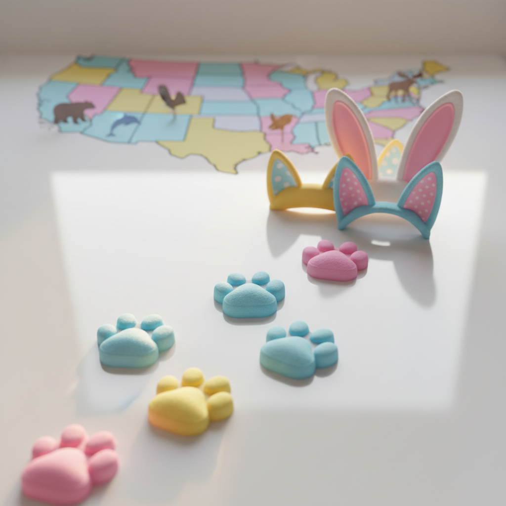 A whimsical composition of rounded animal paw prints in pastel shades—sky blue, bubblegum pink, sunshine yellow—trailing across a polished white glossy surface leading to a cluster of oversized, decorative animal ears in the same bright colors. In the background, a subtly blurred, playful illustration of the coast-to-coast United States with animal icons scattered across it. Soft, golden hour light from the right creates gentle highlights on the shiny paw prints and ears, infusing the scene with vibrant energy. The mood is upbeat and imaginative. Captured from a bird’s eye view with crisp focus throughout for a dynamic, photographic aesthetic that reflects the site’s playful mission.
